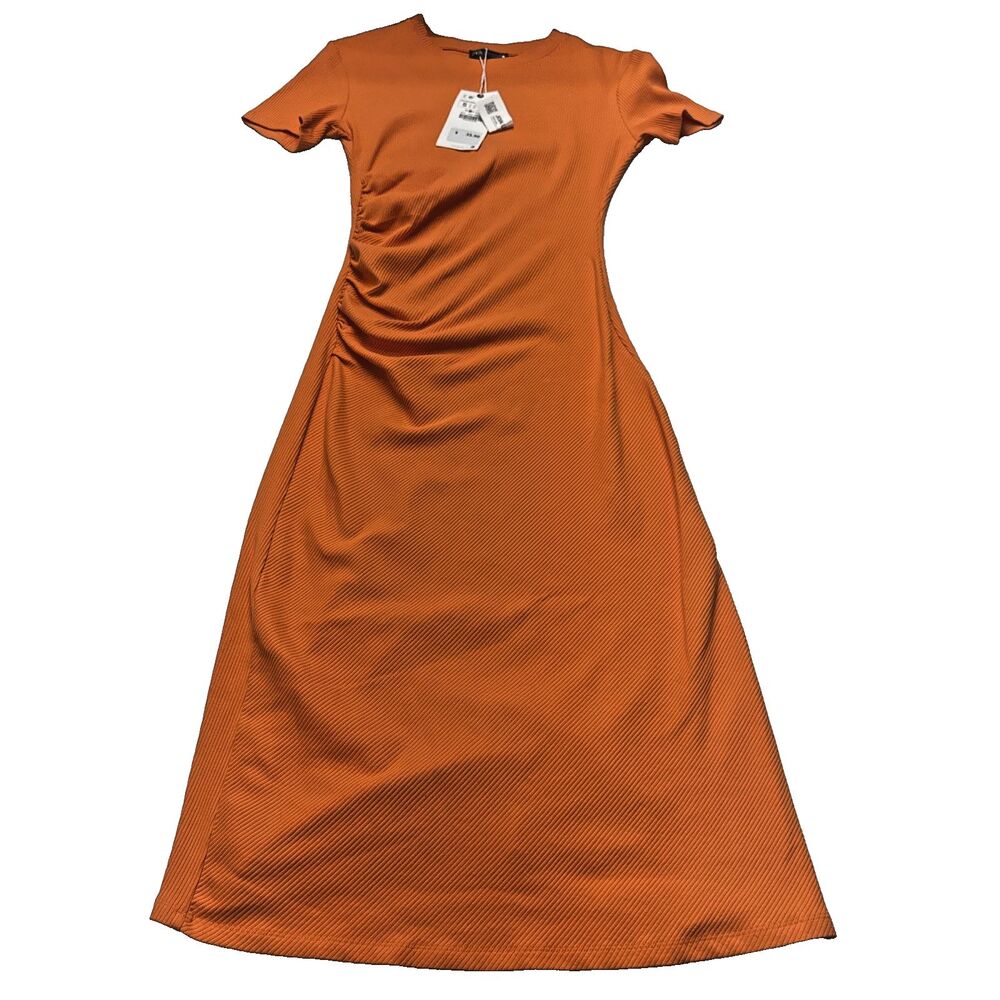 Zara Orange Rust Ribbed Knit Midi Dress Size S Burnt Orange Fall Aesthetic